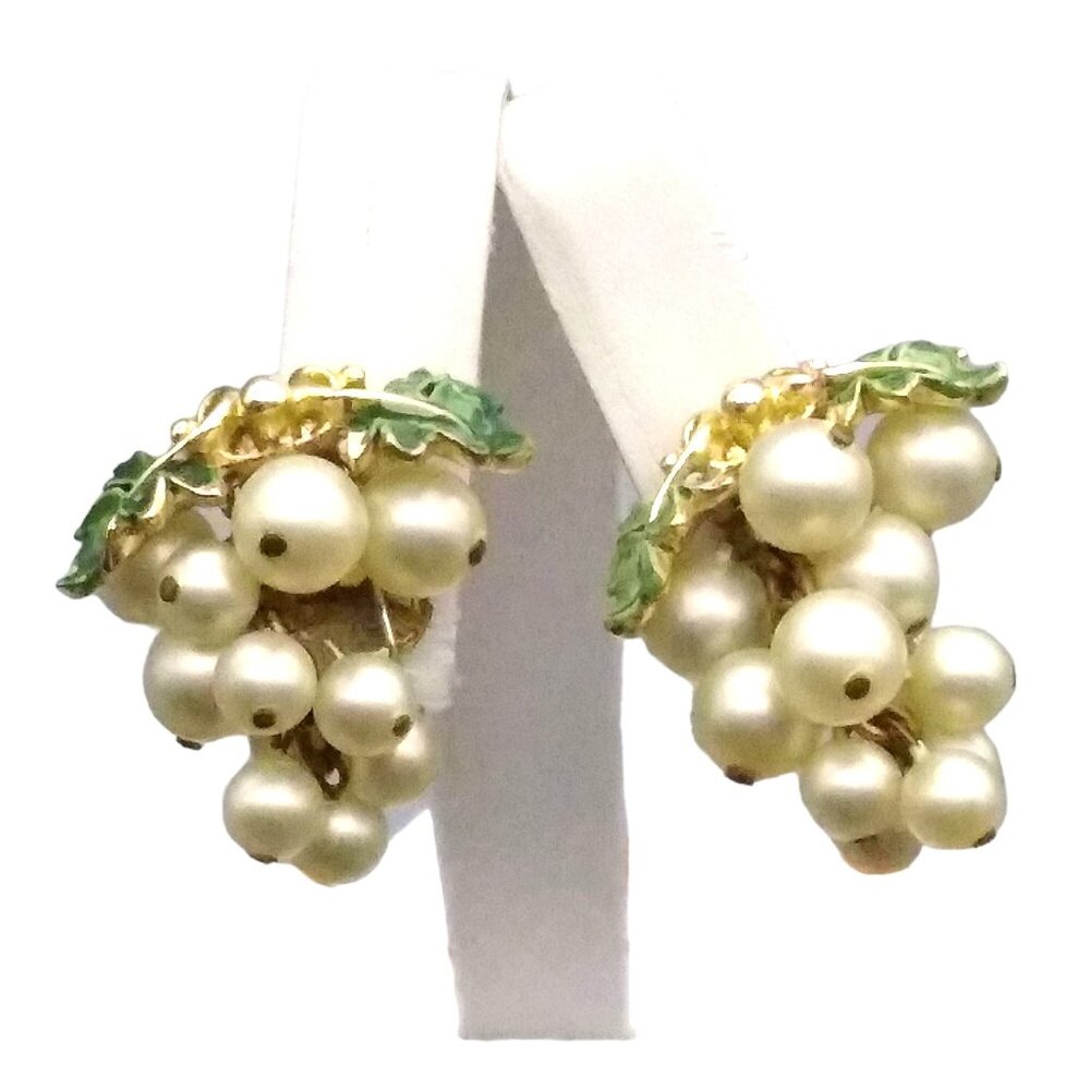 Vintage Pearl Grape Cluster Earrings, Clip On Grapes with Green and Gold Enamel